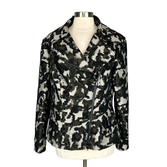 Lafayette 148 NY Womens Animal Print Moto Jacket Black Gray Wool Blend size 14 - Picture 1 of 15